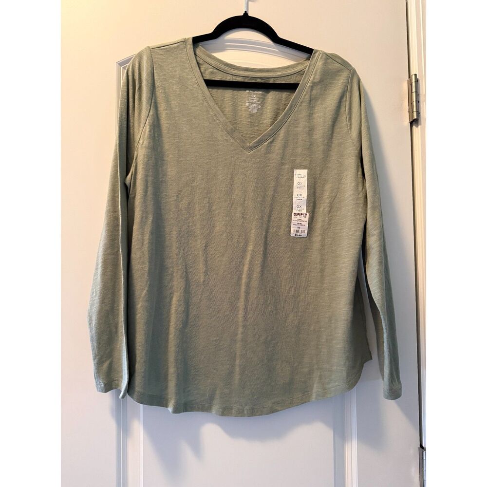 Sonoma Womens 0X Light Sage Green V Neck Long Sleeve Casual T Shirt Top NWT
